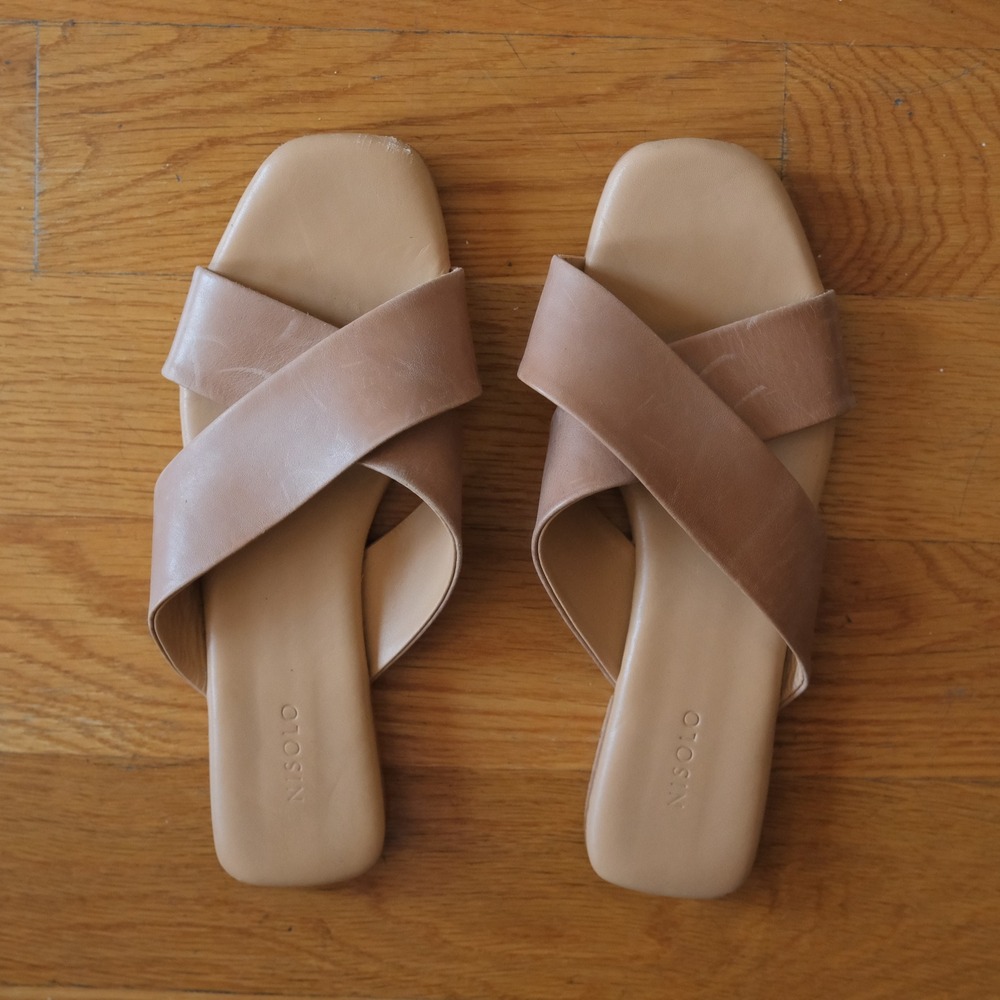 Nisolo Catalina Slide Sandals Women Tan Leather Cross Strap Minimalist 8 Flat